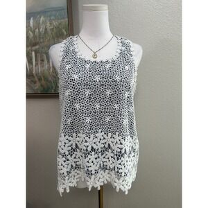 Boho White Crochet Lace Floral Overlay Striped Tank Top White Navy Blue Size M